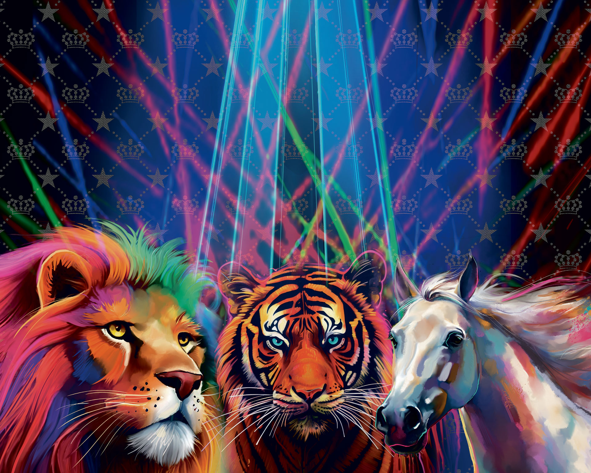 Three vividly colored tiger portraits in neon hues framed by an abstract, star-patterned background with crown motifs and colorful light streaks.